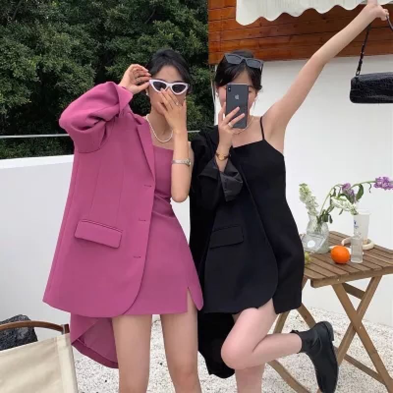 Jesong - Spaghettibandjes, vierkante hals, effen, split mini-jurk / oversized enkelrijs blazer
