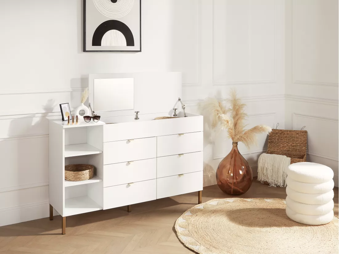 Commode 6 tiroirs, 3 niches et 1 coffre - Avec miroir - Blanc et doré - ONISHA