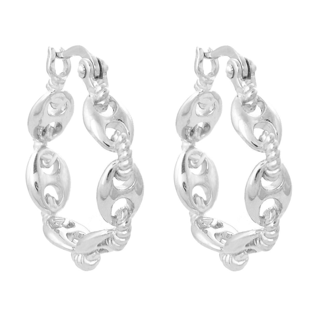 Boucles d'oreilles Créoles suite de grain de café reliés par un anneau effet tressé Argent 925 Rhodié