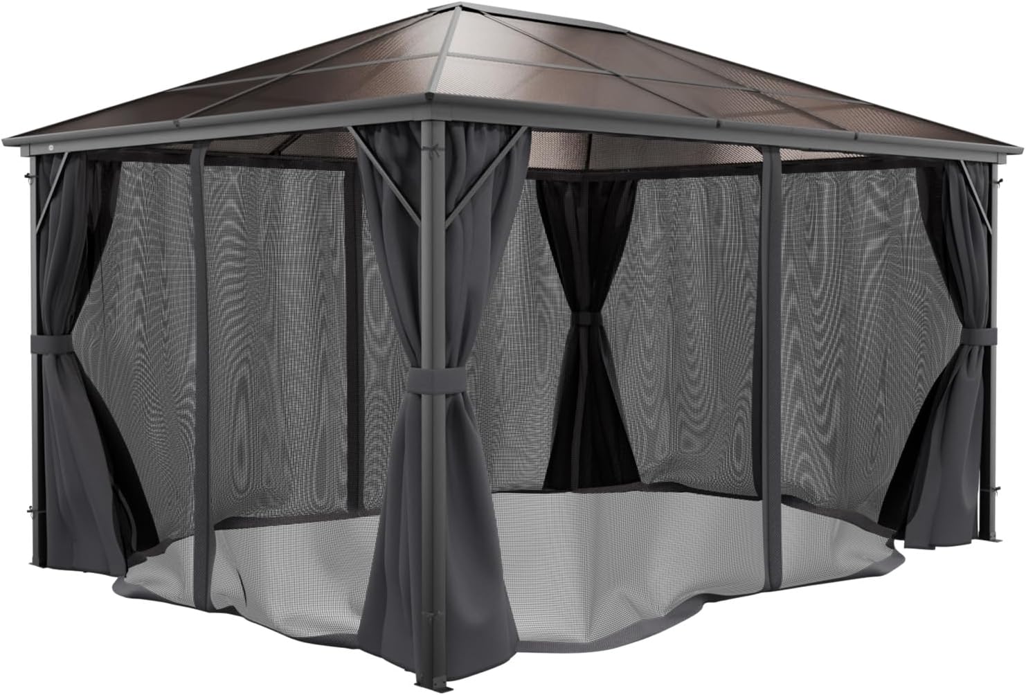 Pavillon 3x4m Garten Überdachung mit Polycarbonat - Dach & Moskitonetz, Seitenteile wasserdicht in anthrazit, mit Metallgestell & Aluminiumrahmen, für Outdoor