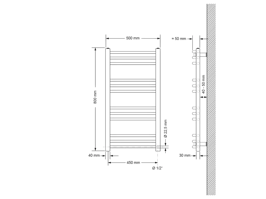 Radiateur électrique pour salle de bain Sahara 500x800 mm chromé raccord latéral courbé & thermoplongeur 600W