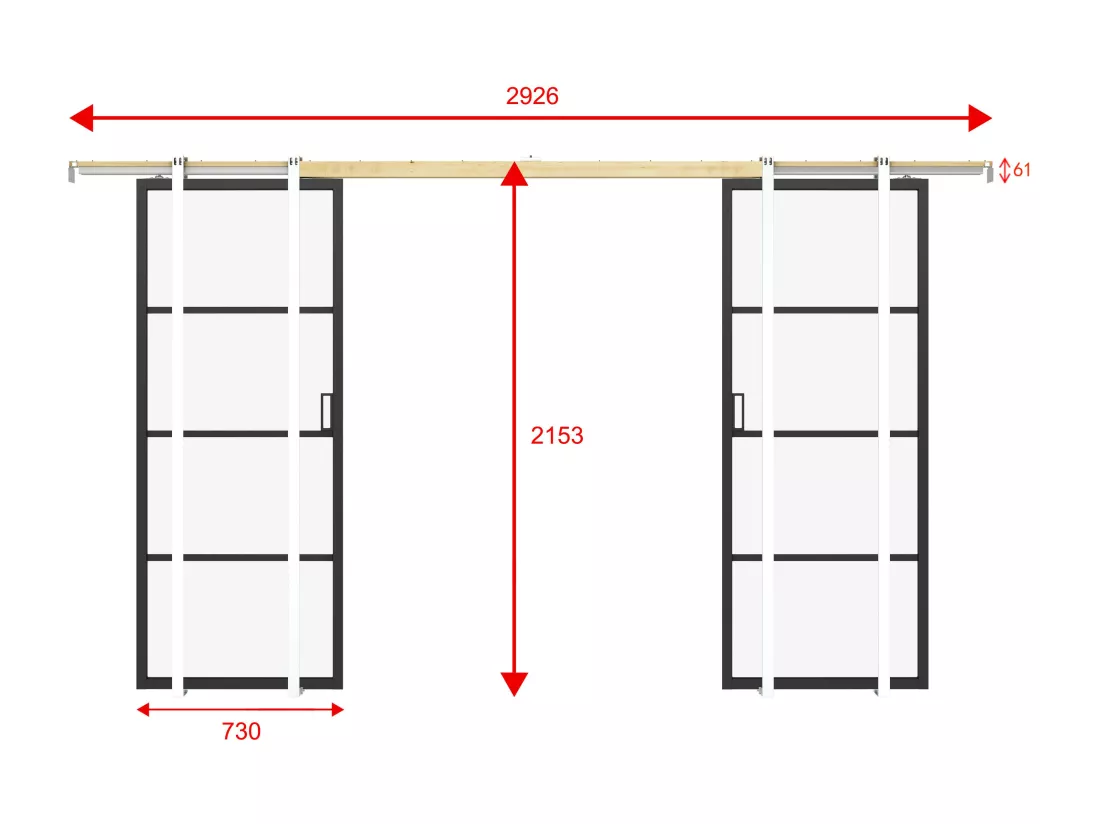 Porte coulissante double avec système à galandage - aluminium et verre trempé transparent - 2 x H205 x L73 cm - SINCA II