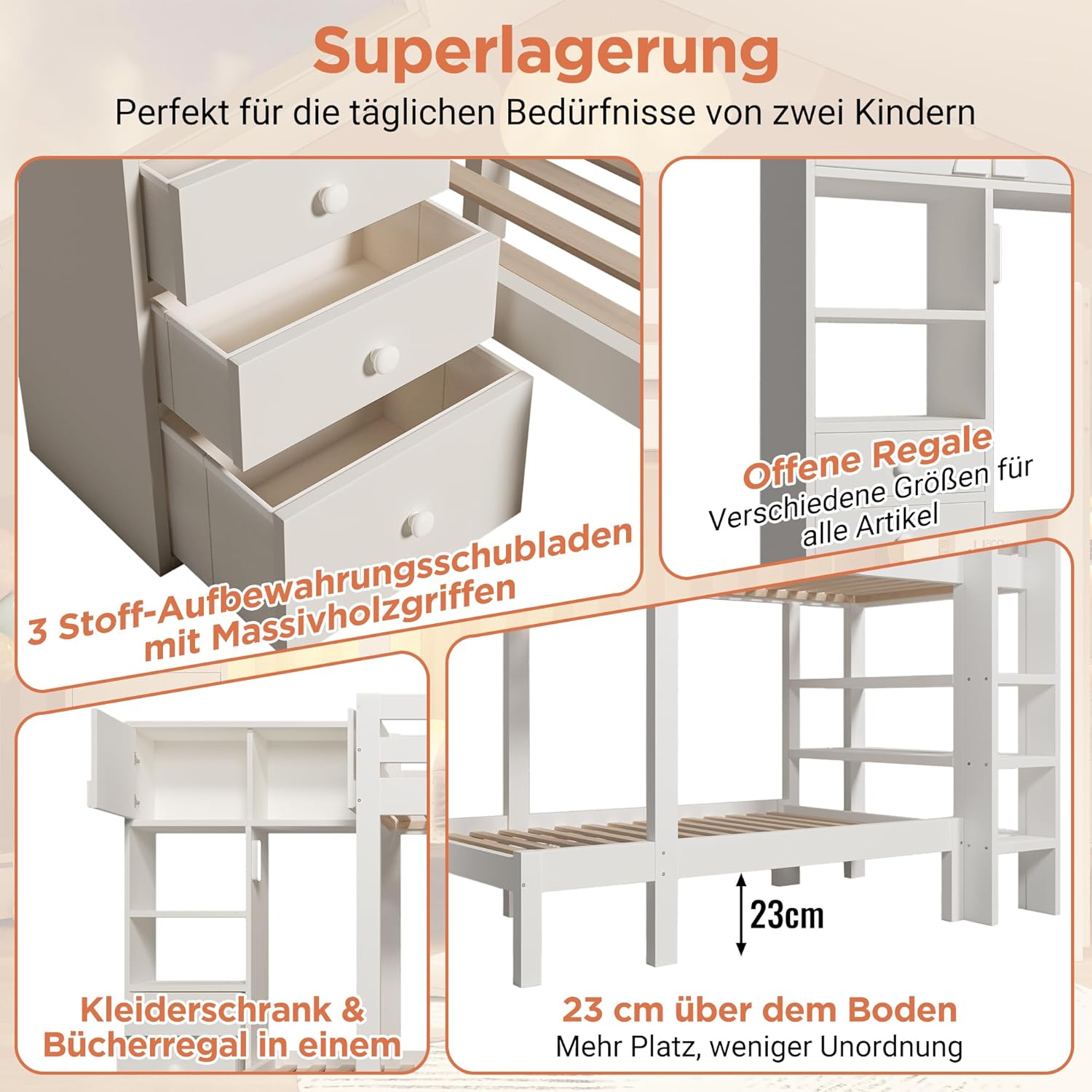 Kinderbett 90x200 mit Schrank, Etagenbett 2 Kinder mit Regal & Schubladen, Hochbett mit Intelligentem Nachtlicht, Hochbett Kinder, Hausbett, Versetztes Design, Weiß