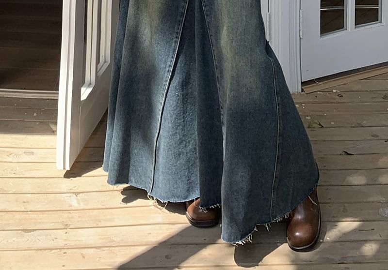 Faiar - Mid-rise gewassen, gerafeld maxi-A-lijn denimrok