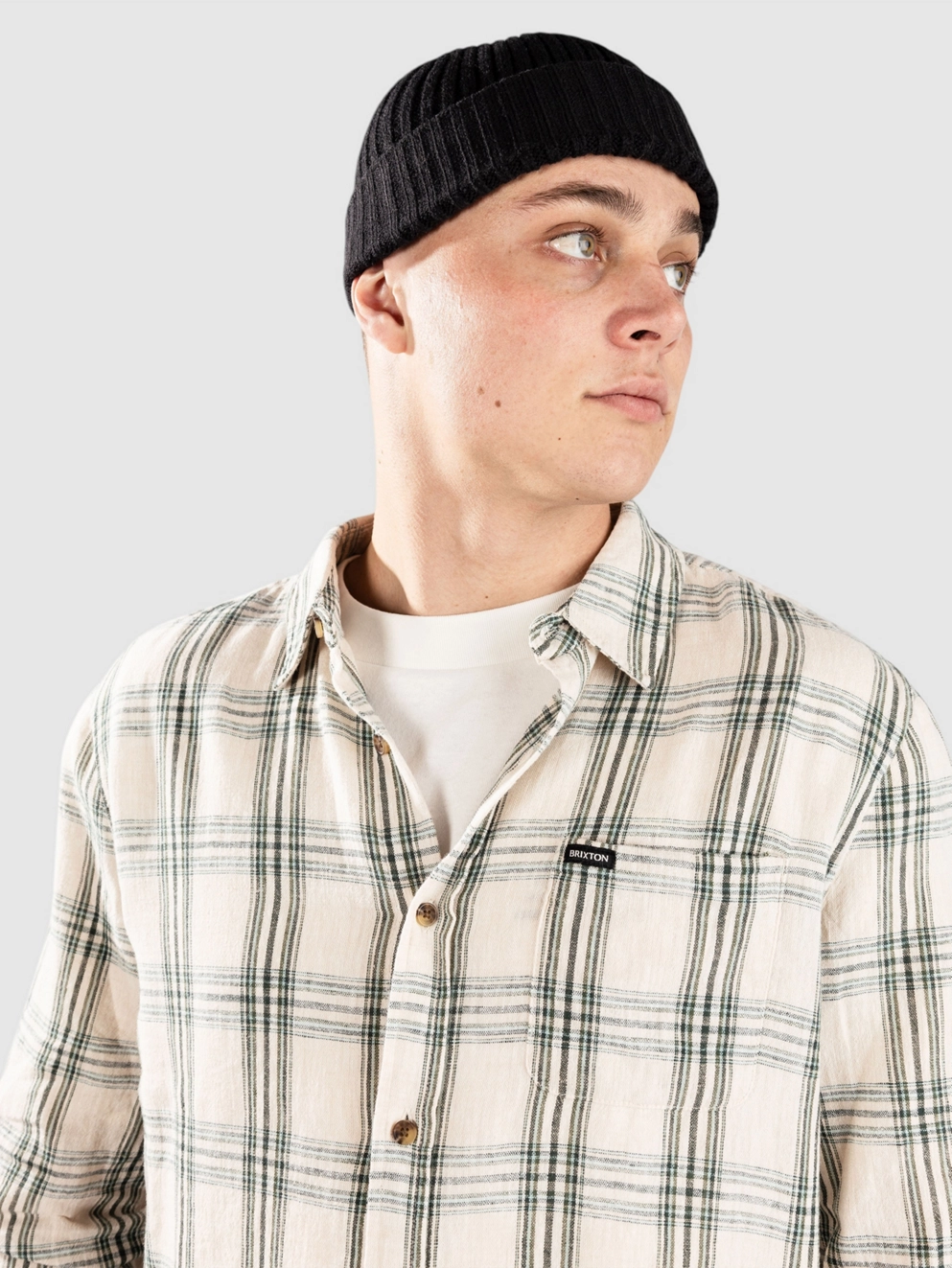 Brixton Charter Linen Shirt off white/ivy green plaid