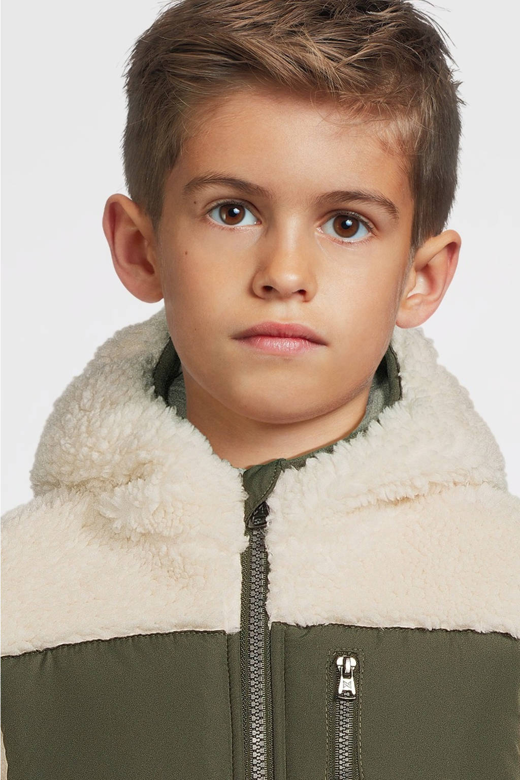Koko Noko teddy winterjas wit/olijfgroen
