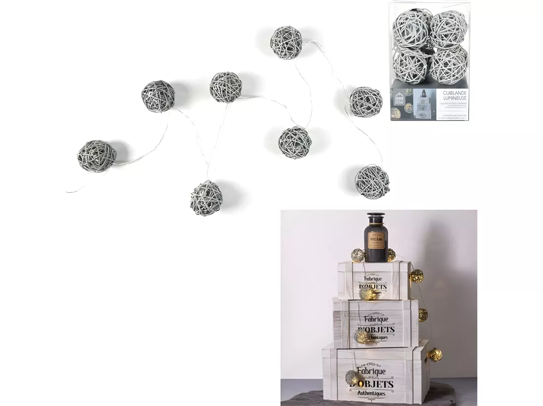 Guirlande Boule Rotin Grise 8 Led D6 1m56