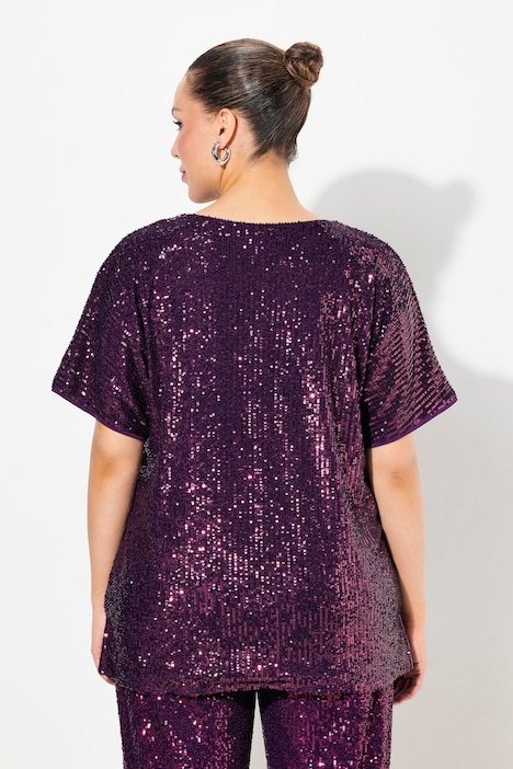Pailletten-Shirt, Oversized, V-Ausschnitt, Halbarm