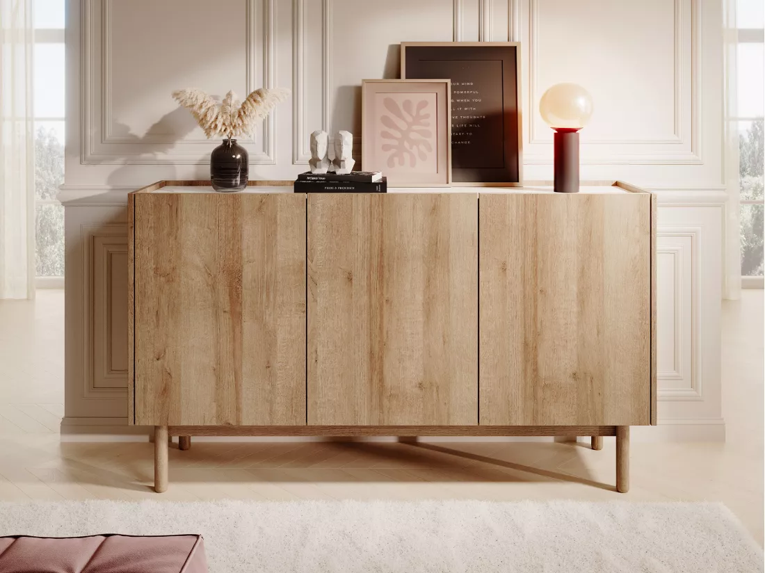 Buffet avec 3 portes - Naturel clair et effet marbre blanc - SITOLI