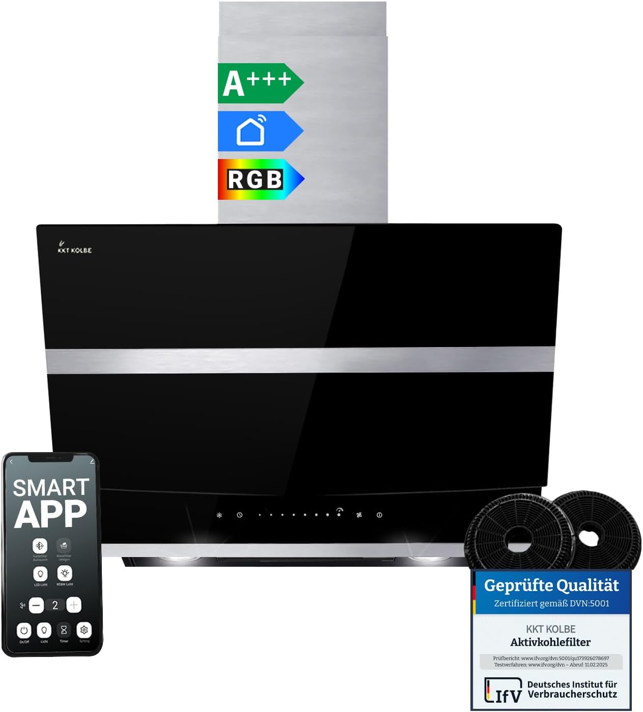 KKT KOLBE A+++ Dunstabzugshaube 60 cm 782 cbm/h Kopffreie Wandhaube Edelstahl schwarzes Glas WLAN RGBW-LED-Beleuchtung SensorTouch Bedienung HERMES6005SM