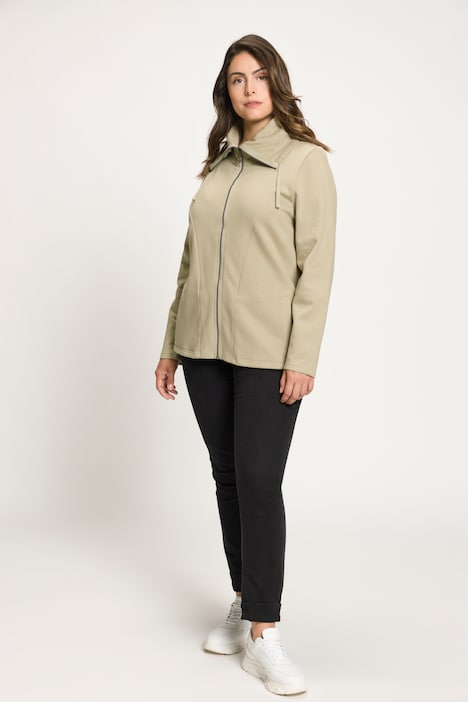 Sweatjacke, drapierter Stehkragen, Kunstleder-Details