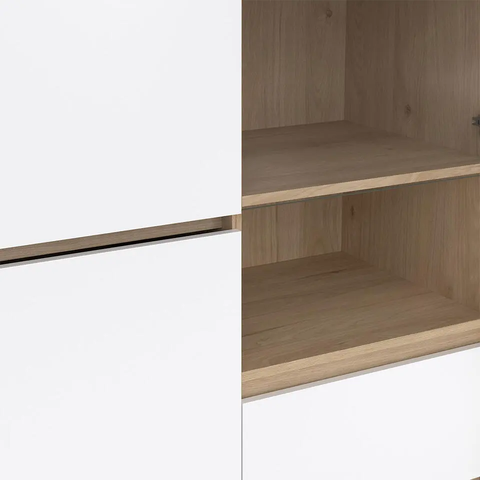 Hioshop Next vitrinekast 3 deuren- 2 lades- 1 plank eiken decor- wit hoogglans