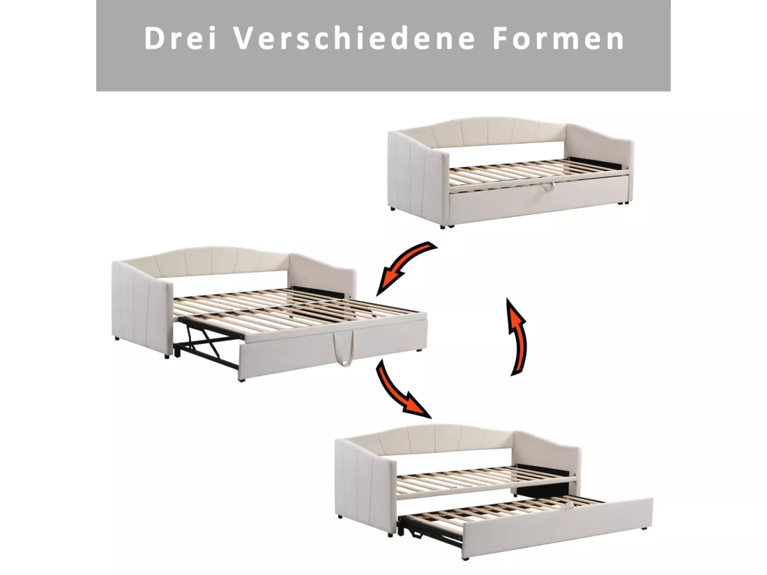 Lit gigogne 90/180x200cm, lit capitonné canapé-lit extensible avec sommiers à lattes, lit multifonctionnel en tissu velours style moderne - beige