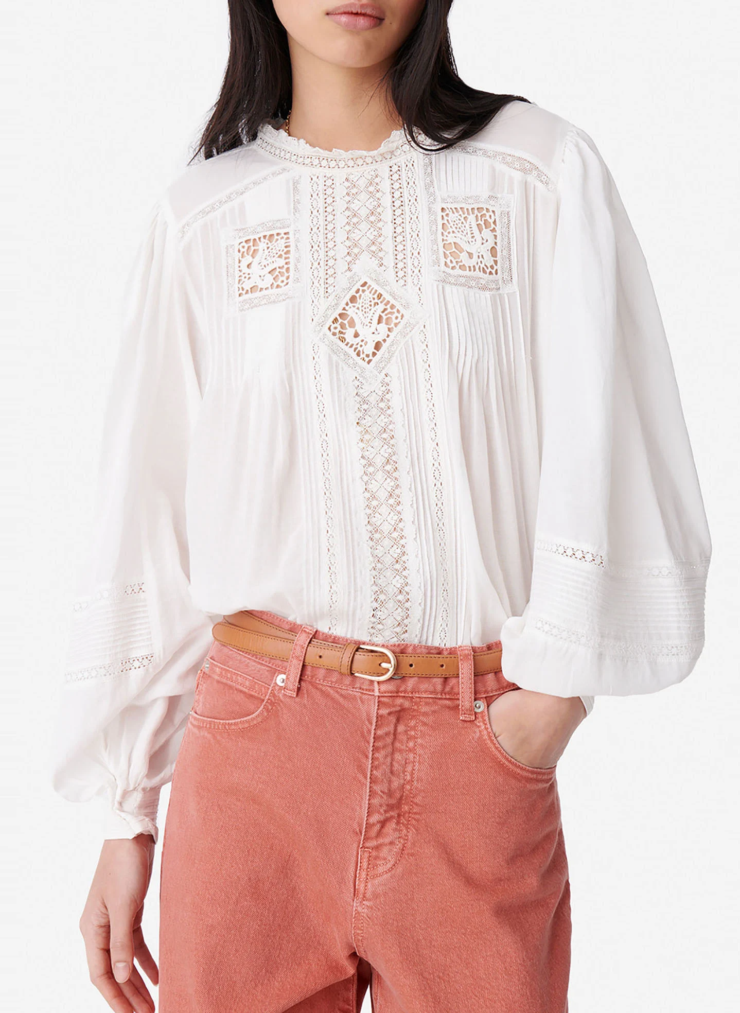 CALIN - Blouse col victorien en dentelle| Blanc