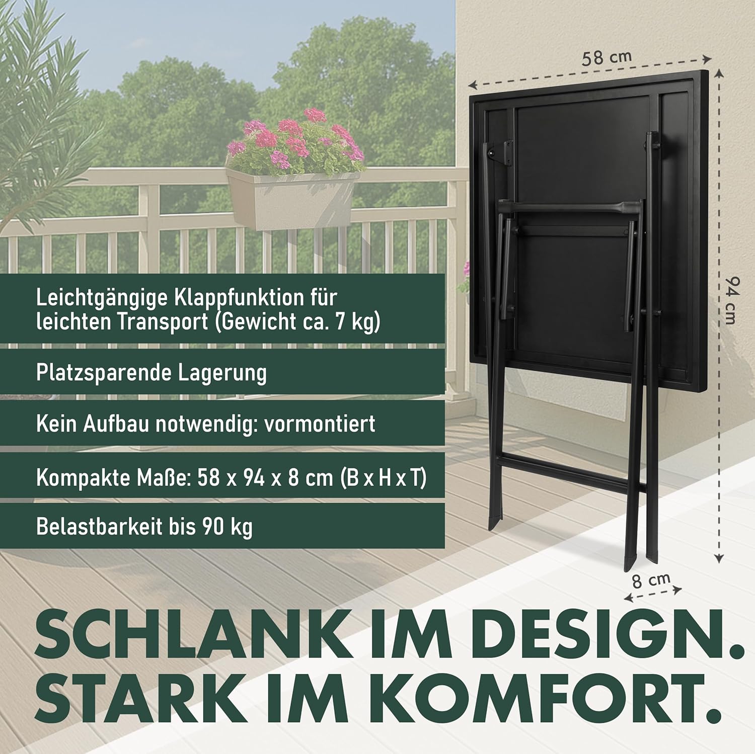 BRUBAKER Gartentisch Bergamo - 58 x 58 cm Balkontisch wetterfest - Metall Beistelltisch klappbar - Campingtisch eckig mit Holz Optik - Klapptisch für Balkon, Terrasse - Bistrotisch - Braun AO6863931