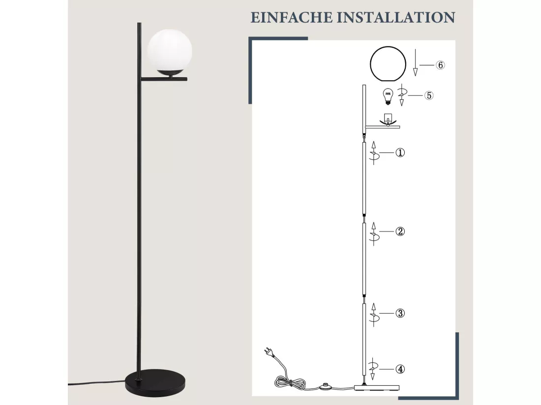 NETTLIFE Lampadaire Industriel - Noir Moderne avec Interrupteur à Pied Métal Design Blanc Verre Lampadaire E27 Vintage Câble 2M