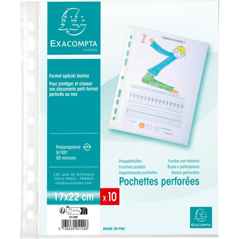 Sachet de 10 pochettes perforées polypropylène grainé format écolier - 17x22cm