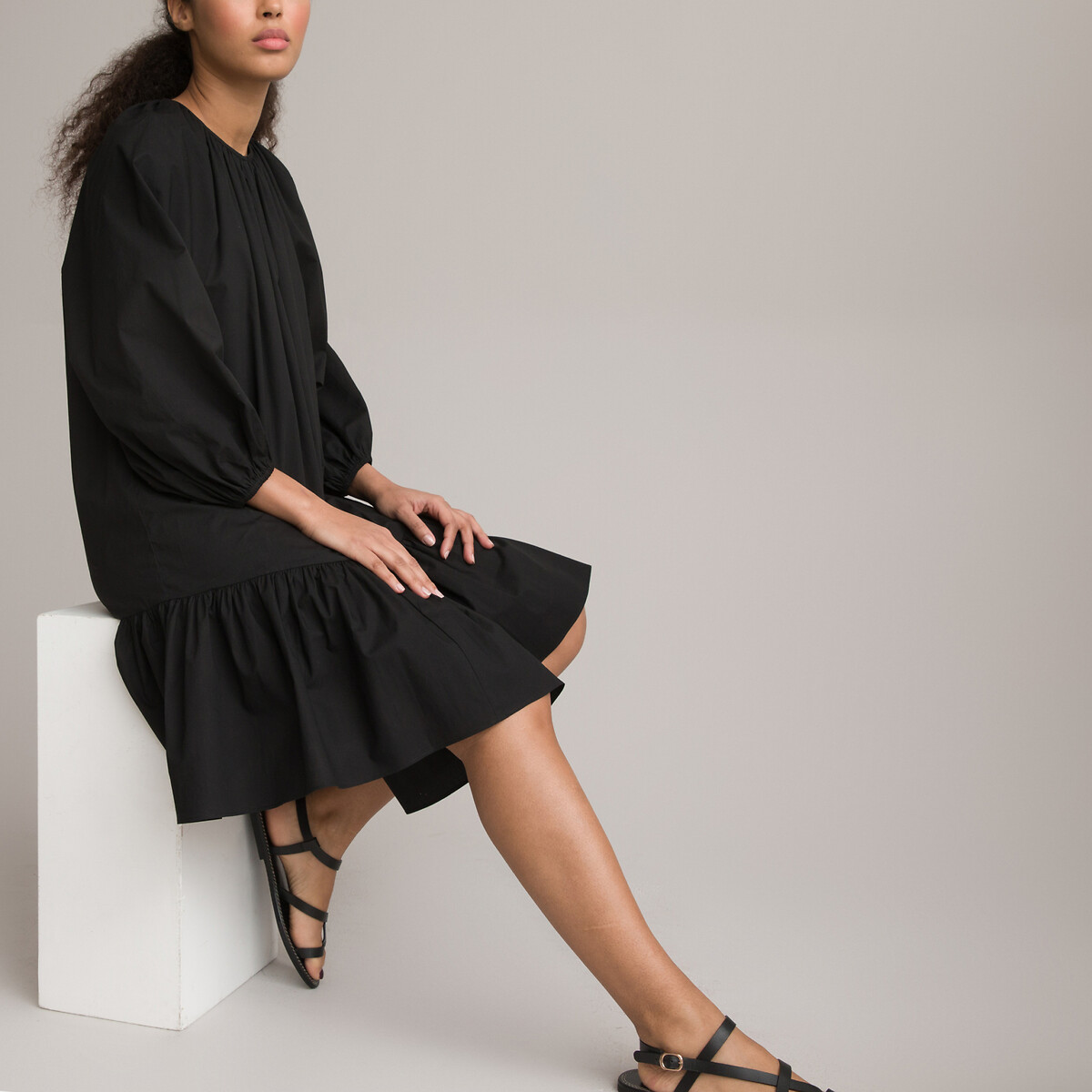 COLEÇÃO LA REDOUTE<br>Vestido com estampa de bandeira, decote redondo, mangas 3/4, comprimento midi