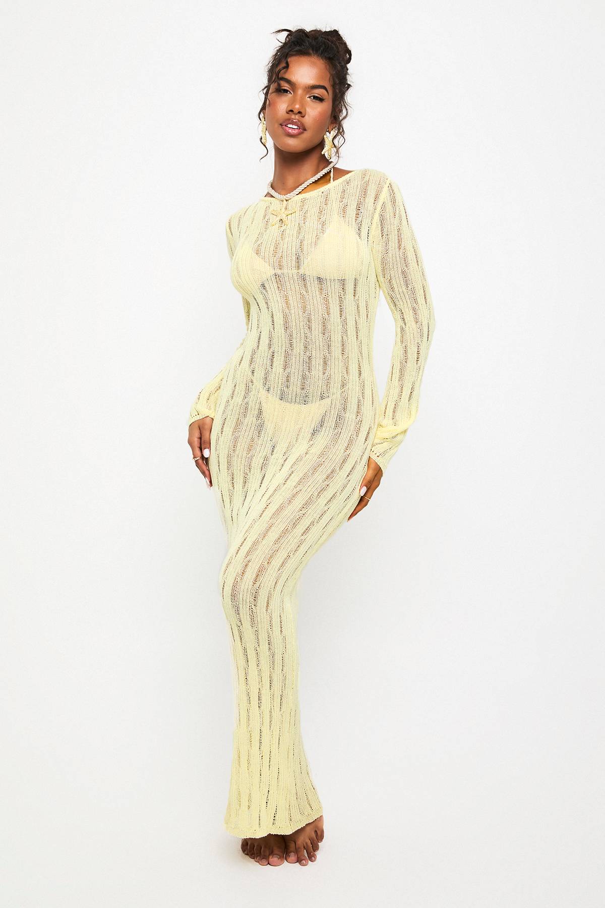 boohoo Robe de plage en crochet à manches longues avec dos échancré