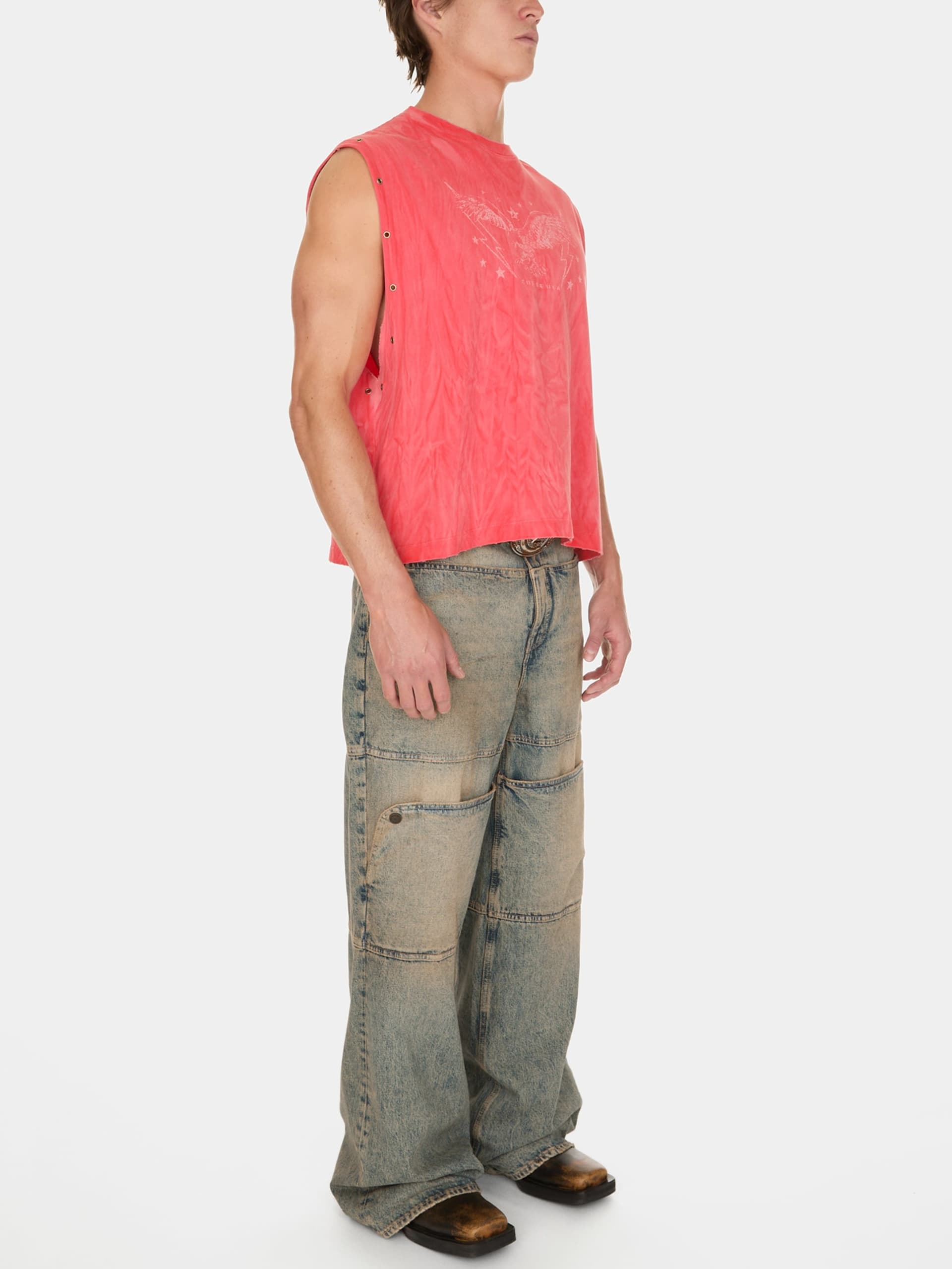 calça utilitária de denim lavado