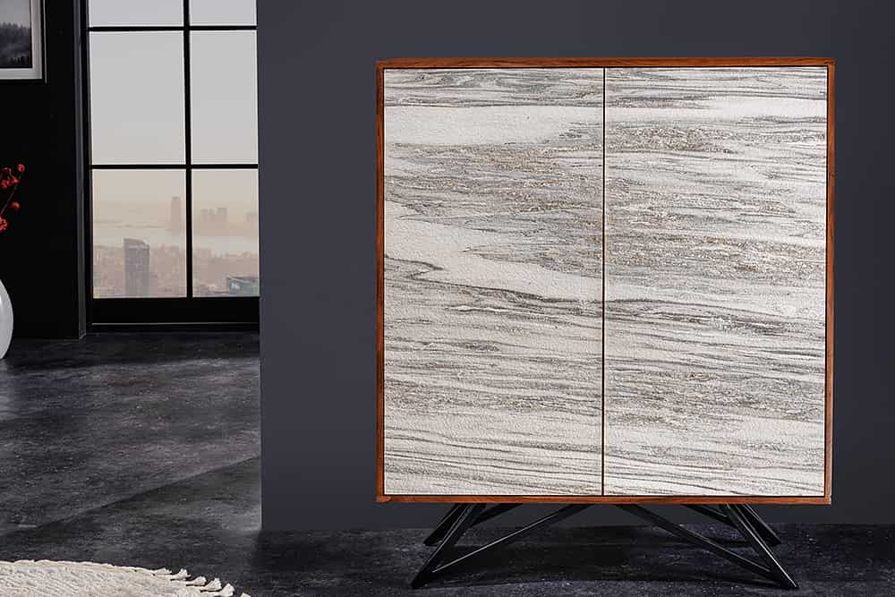 Massivholz Highboard MOUNTAIN SOUL 120cm echter Naturstein weiß Akazie Schrank Marmor-Design