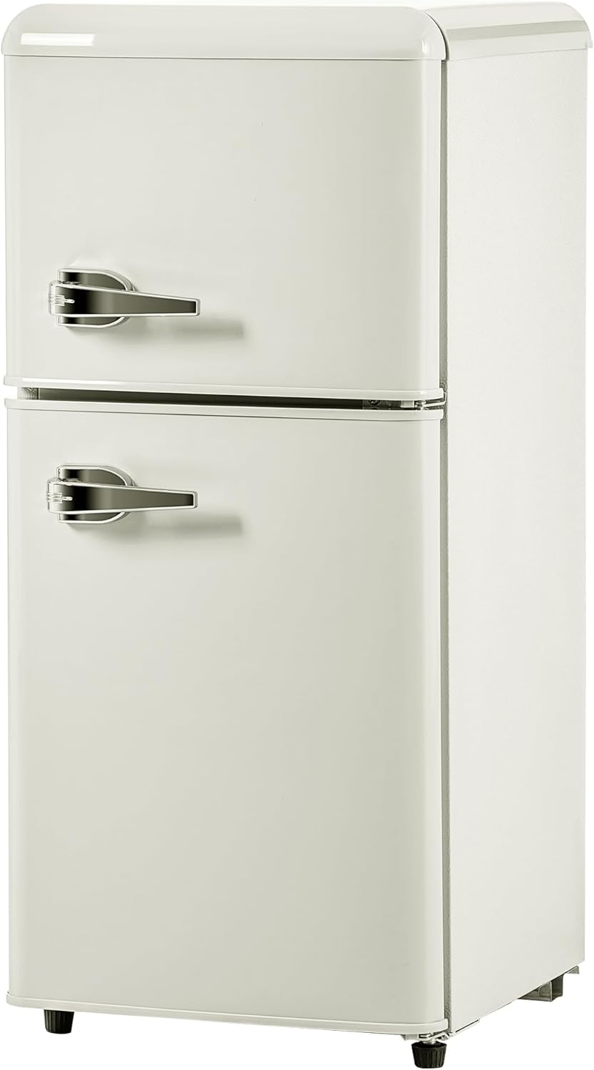 Merax Retro Kühlschrank, 60L Mini-Kühlschrank mit Gefrierschrank,Kühl-Gefrierkombination,22 Liter Gefrierfach, 38 Liter Kühlfach,102 kWh/Jahr, LED-Beleuchtung, cremeweiß