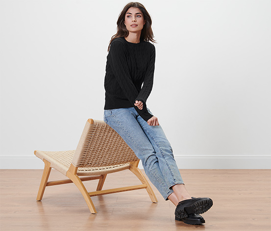 Zopfstrickpullover, schwarz
