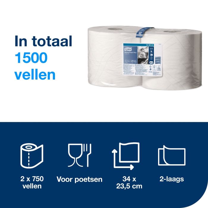 Poetsrollen Tork W1 130041 2laags Wiper 420 wit 255mtr x 24 cm doos a 2 rollen /750 vel (130041)