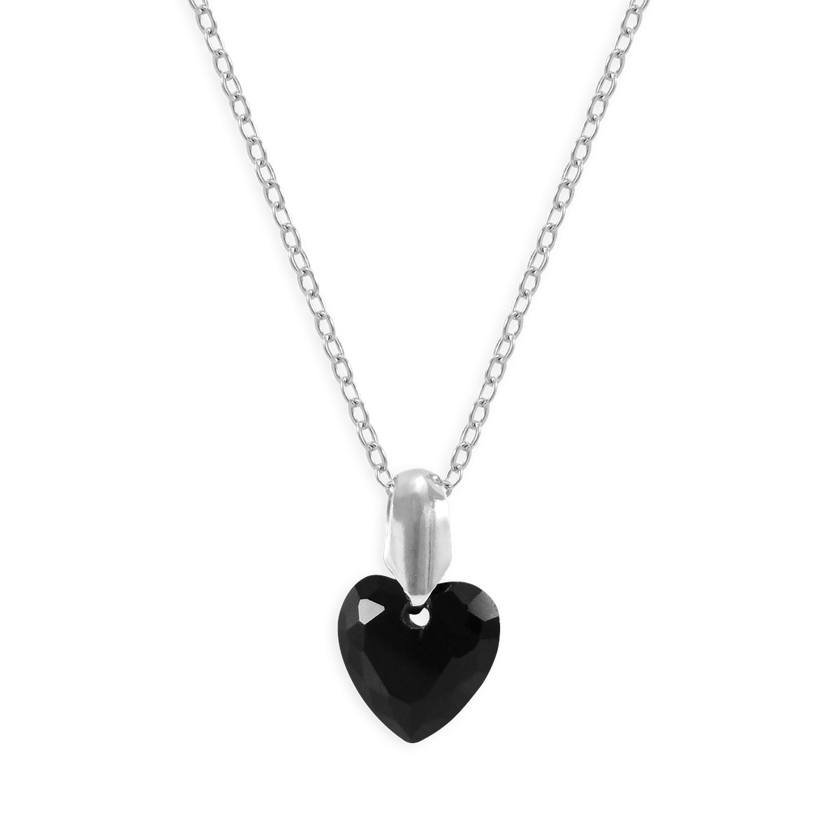 Collier coeur de cristal noir en acier argenté