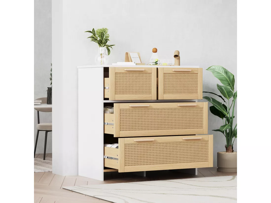 Commode avec 4 tiroirs - poignées en bois massif - effet rotin - coloris blanc+ chêne - 80 x 38 x 80 cm