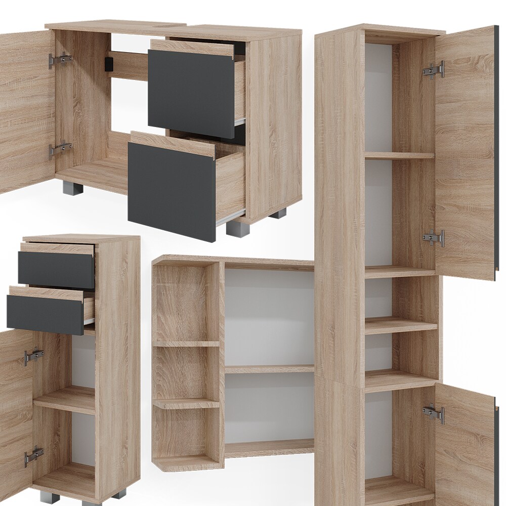 Vicco Badmöbelset J-shape Sonoma Anthrazit modern Badezimmer Schrank Badschrank Waschtischunterschrank Spiegelschrank Midischrank Hochschrank Schranktür Schrankschublade Schrankfach Ablage Aufbewahrung