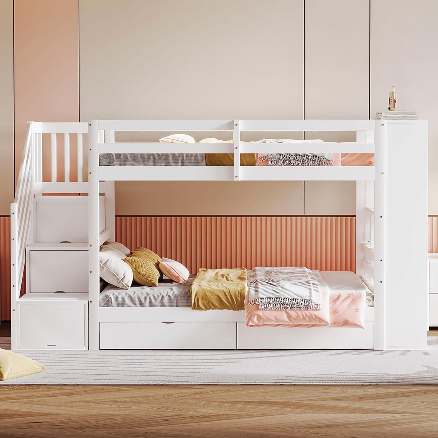 Etagenbett 2 Kinder Kinderbett 90x200 cm mit Schließfächern und Schublade, Hochbett mit Treppe und Rausfallschutz, Stockbett Holzbett Bettgestell mit Lattenrost, Weiß, Ohne Matratze