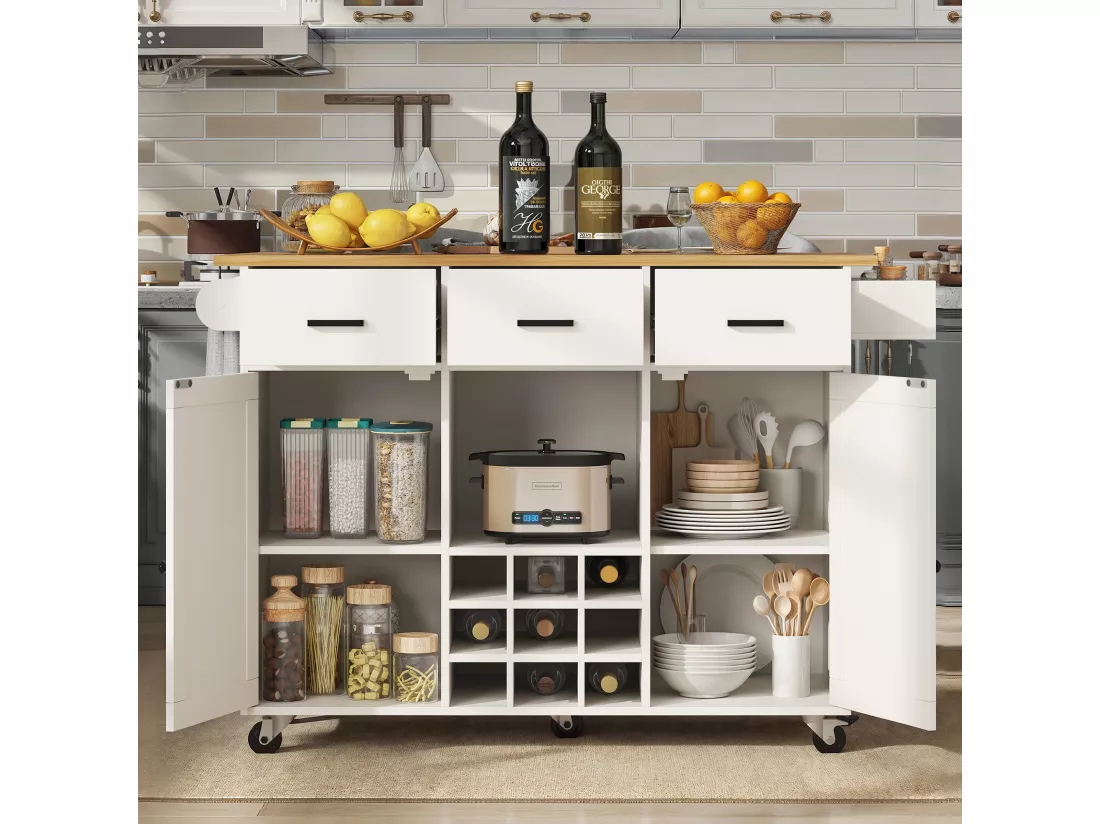 Ilot central de cuisine - chariot à roulette avec plateau extensible - 3 tiroirs et 2 portes - Blanc