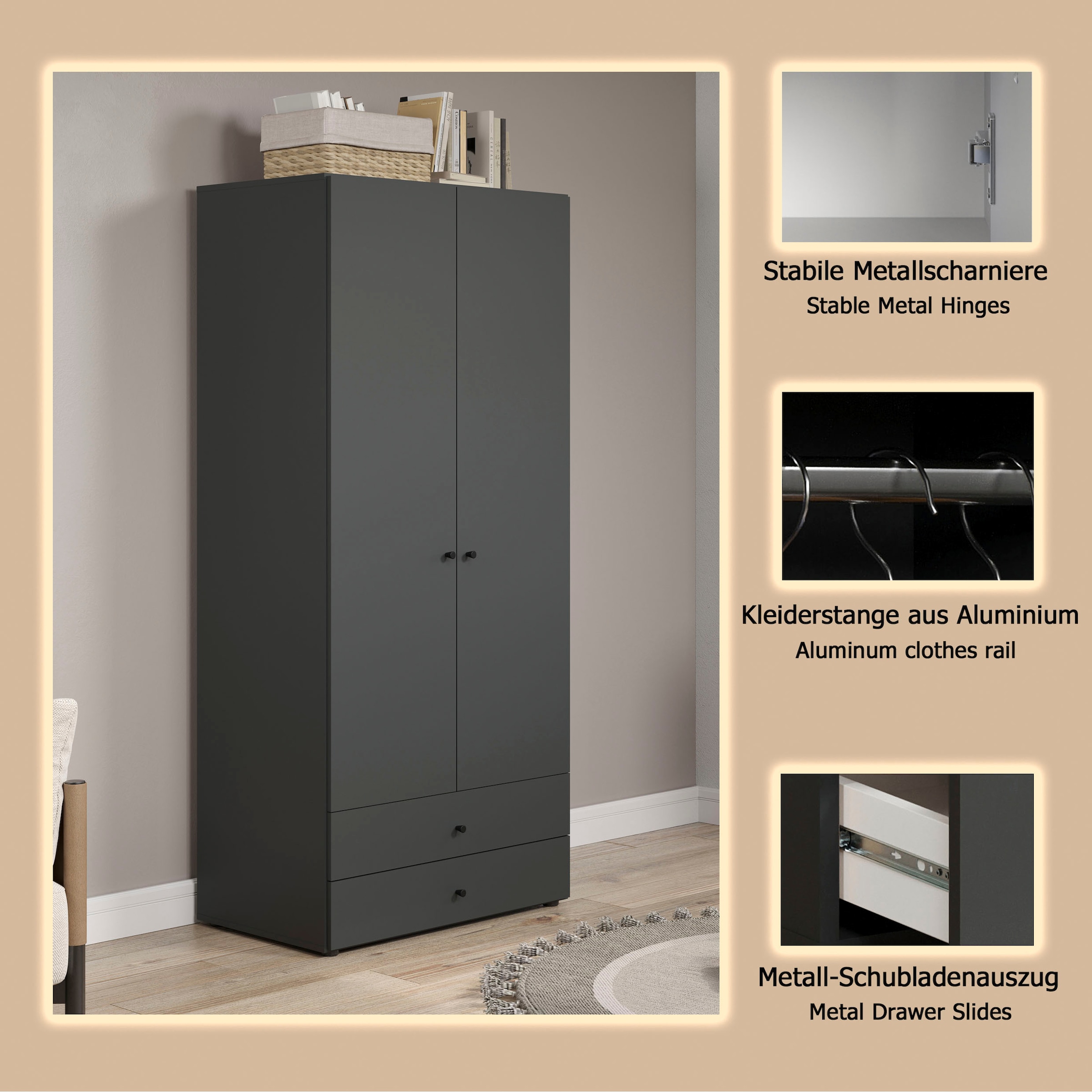 INOSIGN Kleiderschrank »Jersey Schlafzimmerschrank Garderobe Bestseller Schrank« Drehtürenschrank mit modernen Griffen Otto´s Choice, 1 Stk. tlg. Drehtürenschrank mit 2 Schubladen - (B/T/H) 85/52/188 cm