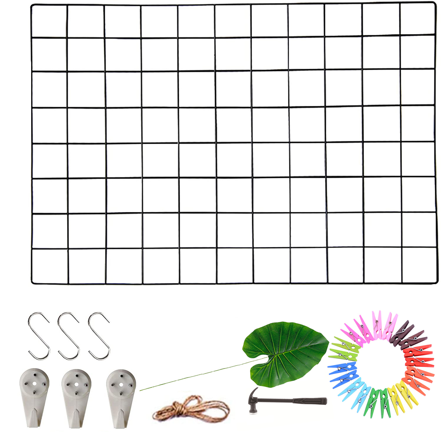(45x65cm) Wandgitter Fotohalter Organizer Deko Wandhalterung inkl. Palm Blatt und bunte Klammern - Schwarz
