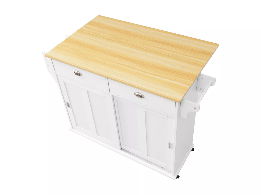 Ilot central de cuisine - 2 tiroirs et 2 portes coulissantes - pieds en roulettes ou en bois - Blanc
