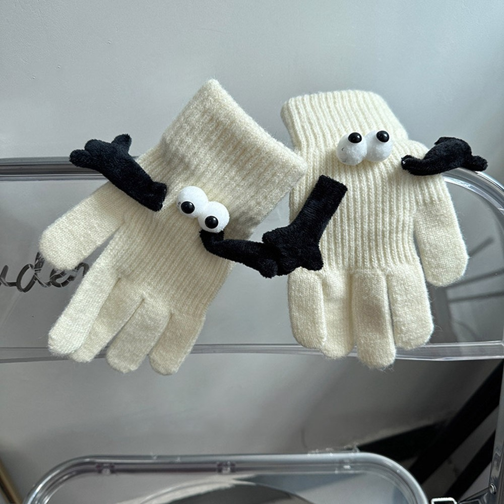 (1 Paar) Unisex Handschuhe Fashion Fäustlinge Couple Gloves Winter Accessoire mit Augen / Magnetischen Händen (One Size) - Weiss