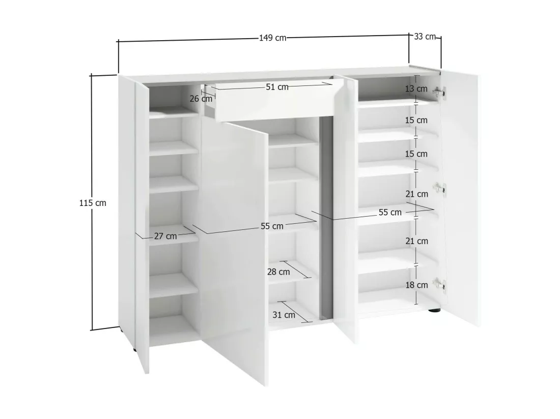 Meuble à chaussures Lobamba, Meuble à chaussures, Armoire d'entrée polyvalente, Rangement pour chaussures, Made in Italy, 149x33h115 cm, Blanc brillant et anthracite