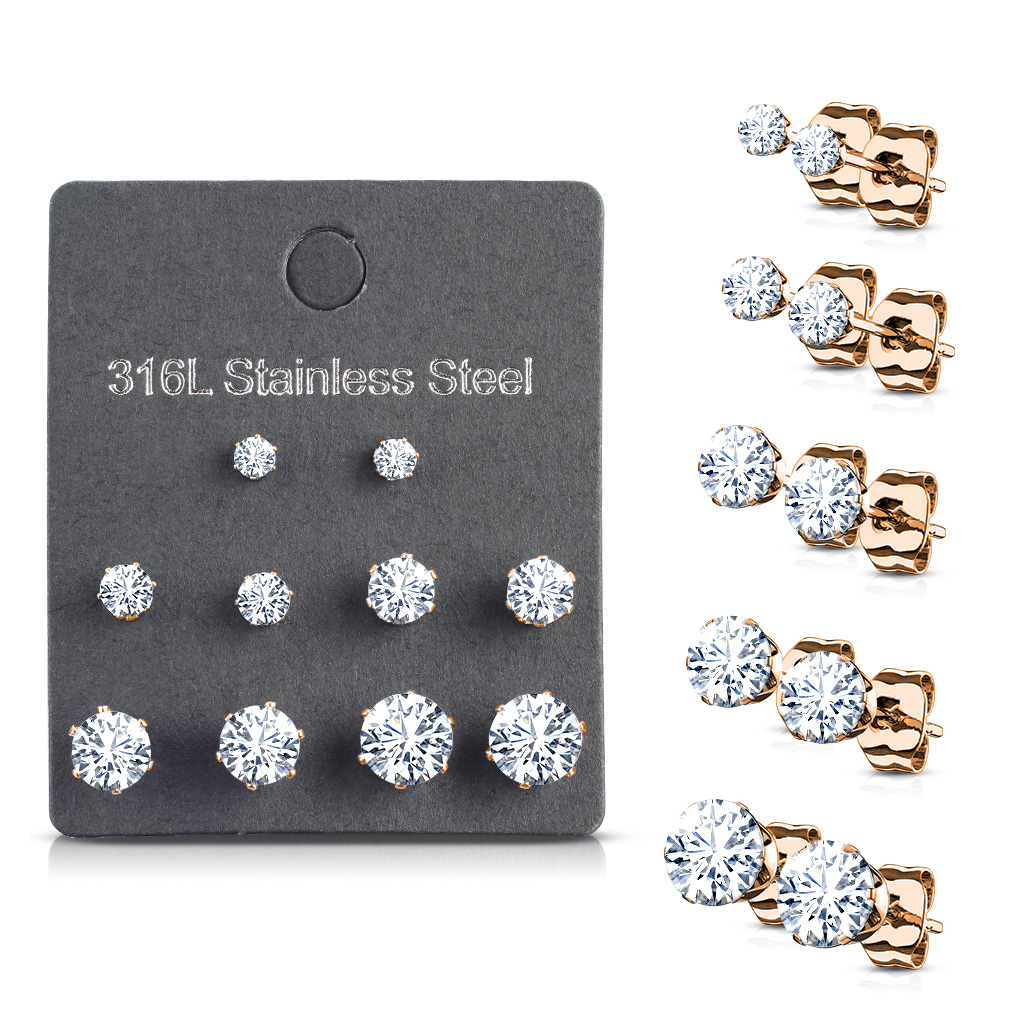 (5 Paar) 316L Edelstahl Ohrringe Ohrstecker mit Strass Steinen - Roségold / Silber