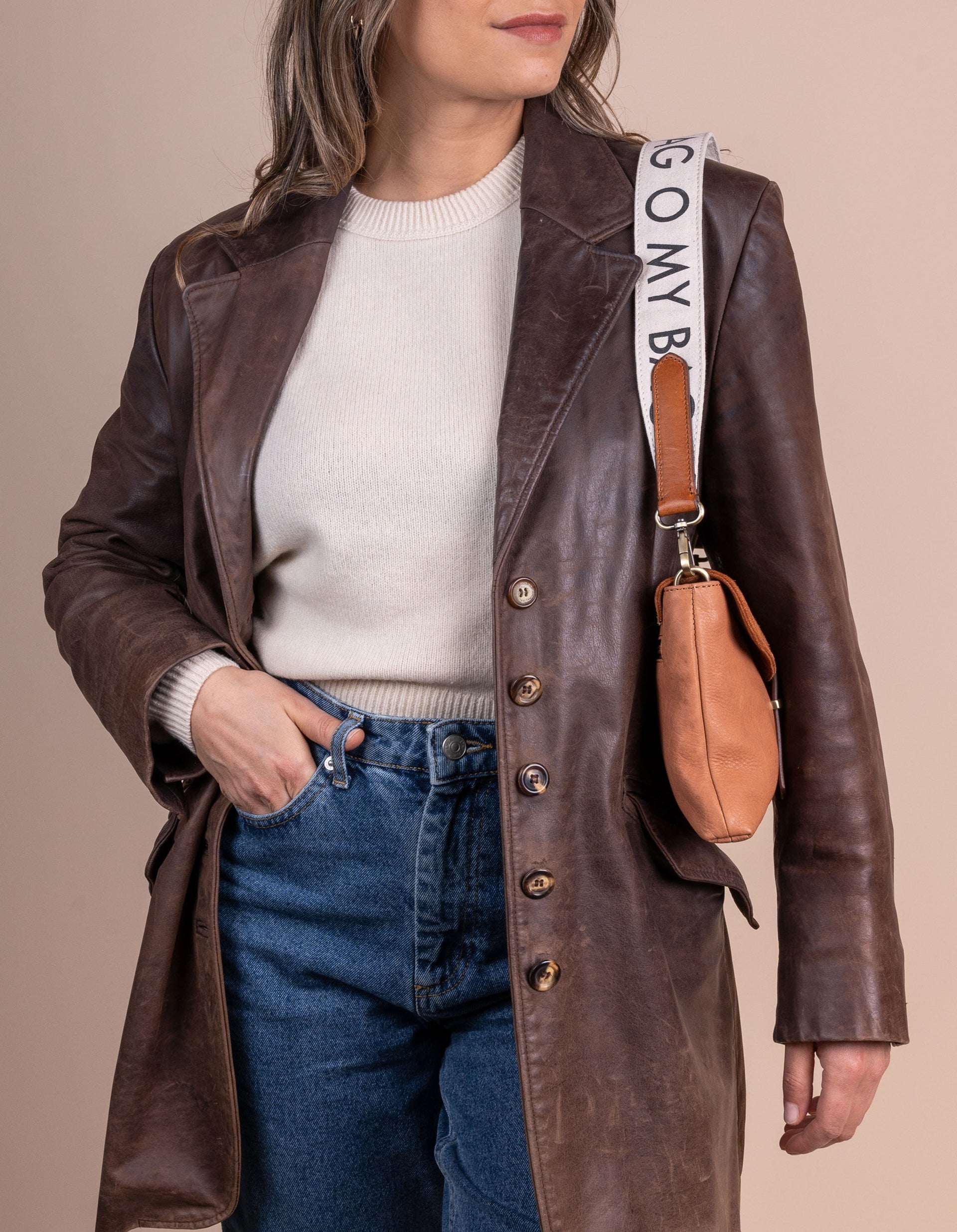Shoulder Canvas Logo Strap - White & Cognac Classic Leather