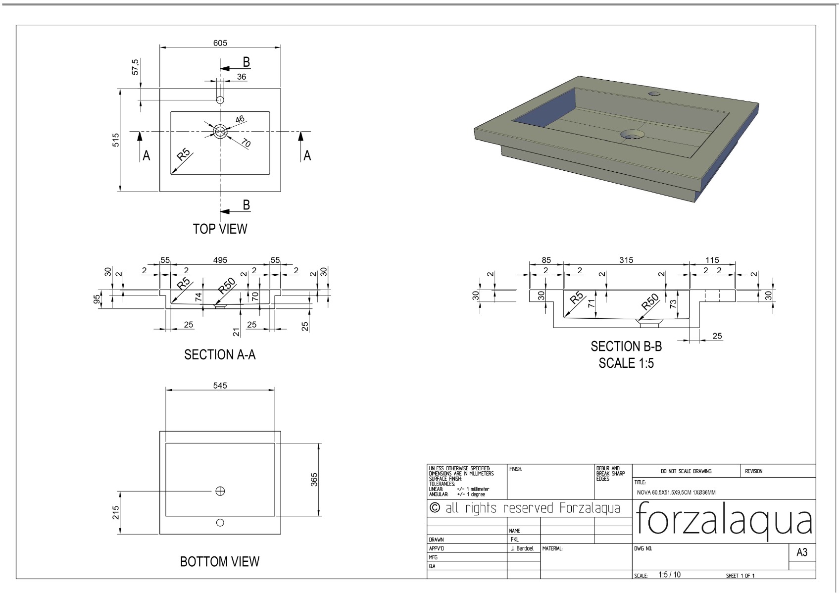 Forzalaqua Nova wastafel 60x50cm met kraangat graniet gezoet