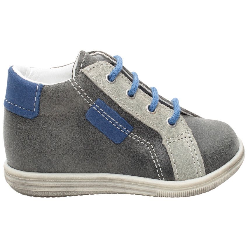 Bottillons en cuir à lacets et touches de bleu - Gris foncé
