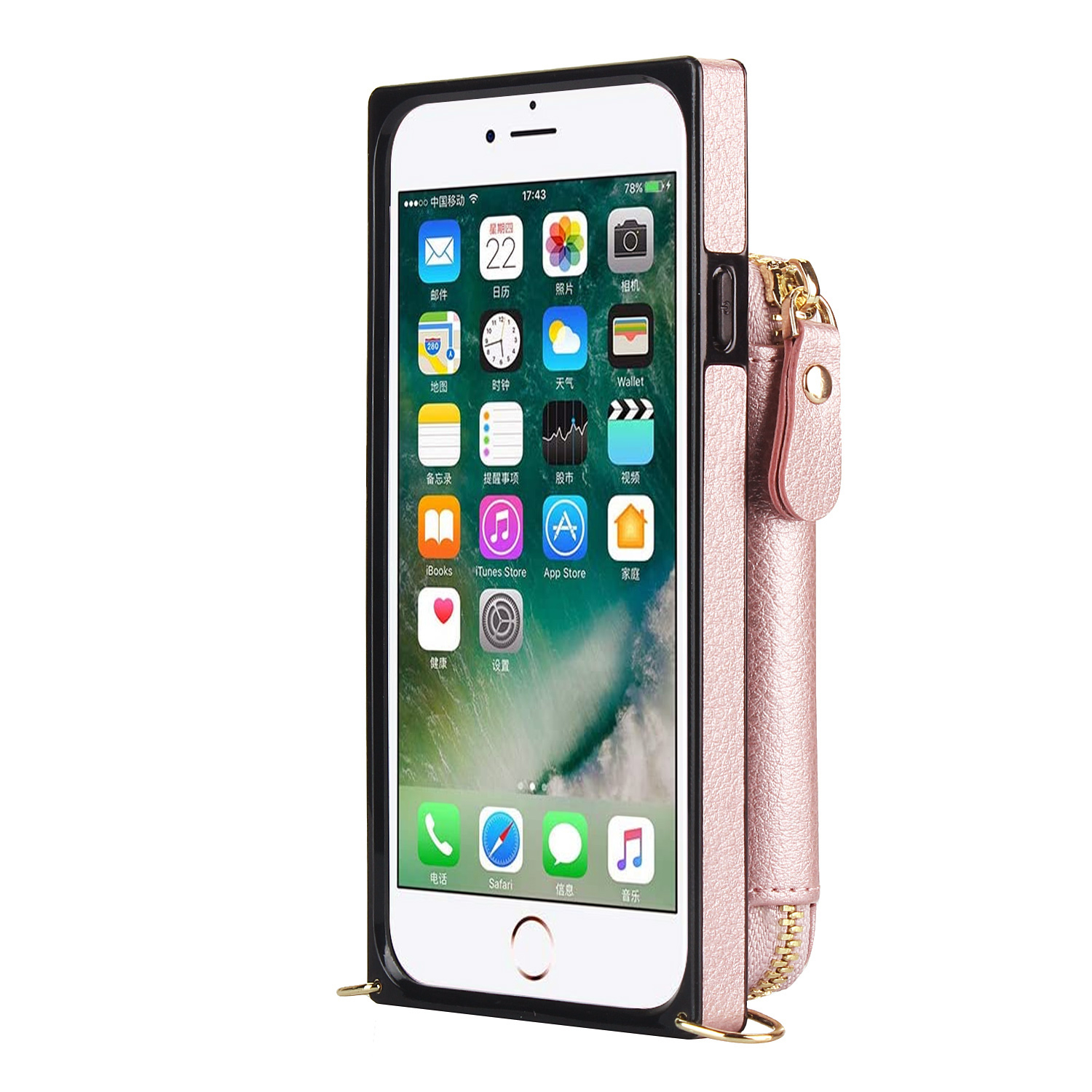 iPhone SE (2022/2020) / 8 / 7 / 6S Necklace Leder Schutz Hülle mit Kartenfächer   Handykette (140cm) - Roségold