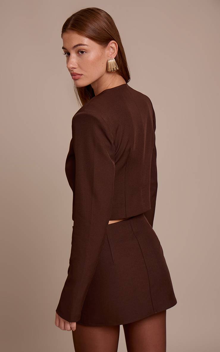 Marron Foncé Blazer Court Ajusté En Tissu Tissé Ensemble Coordonné