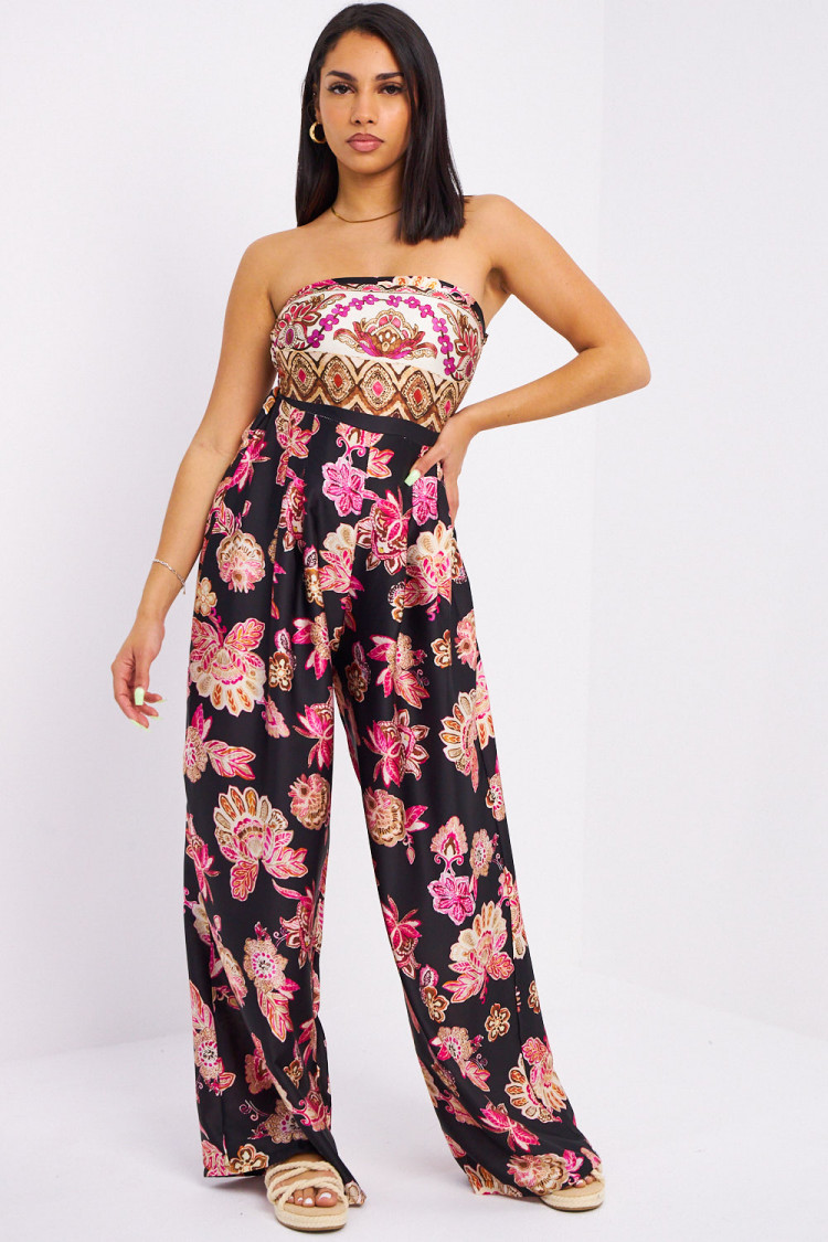 Combinaison pantalon noire bustier à fleurs