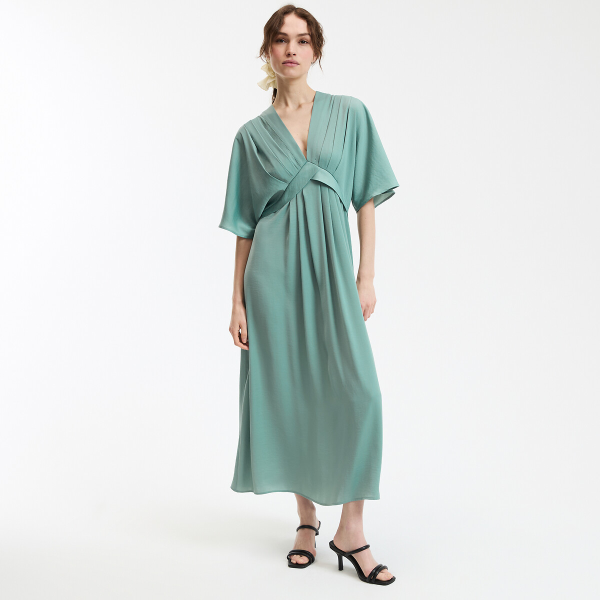 COLEÇÃO LA REDOUTE<br>Vestido longo com estampa de bandeira, decote em V e mangas até o cotovelo