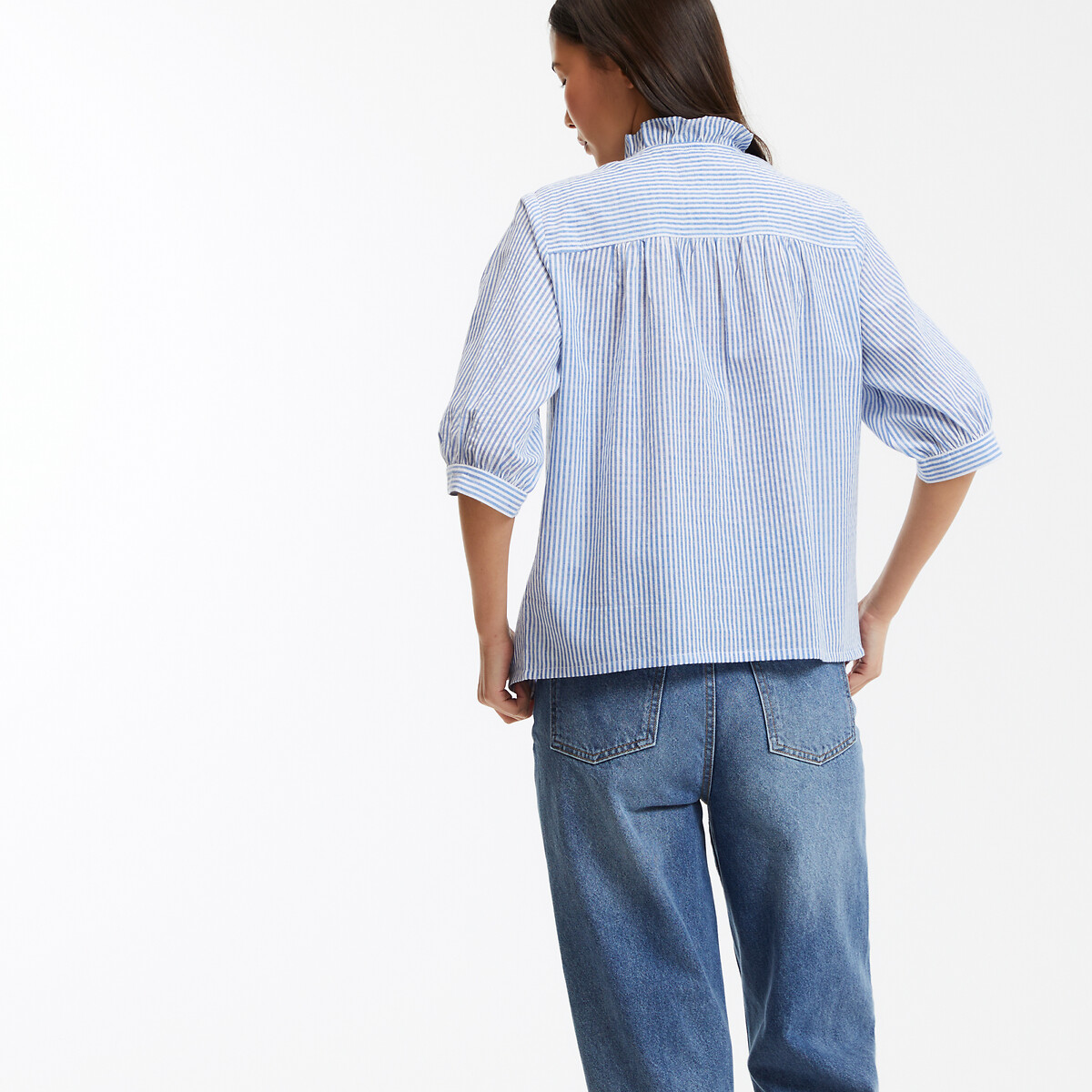 COLEÇÃO LA REDOUTE<br>Blusa listrada de algodão, gola vitoriana, mangas até o cotovelo