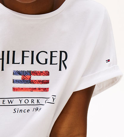 Tommy Hilfiger T-Shirt - Pailletten Flagge - Weiß