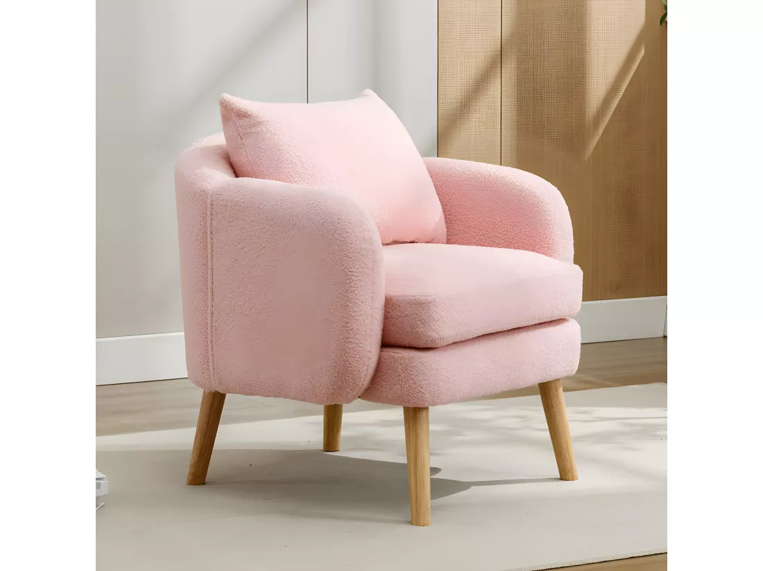 Fauteuil Canapé Fauteuil avec coussin à pieds en bois massif moderne et sobre en Teddy Tissu Rose