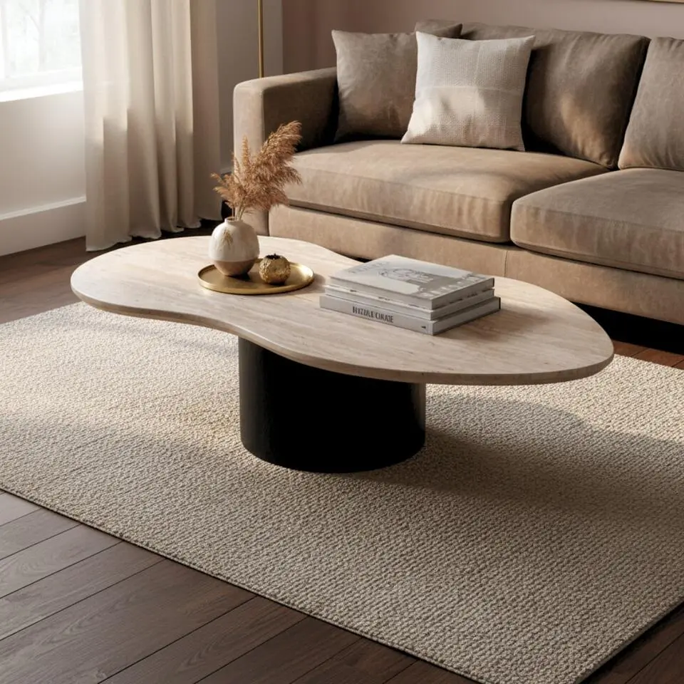 Salontafel Travertin - Beige/Zwart - Organische Vorm - Tafel Oliver